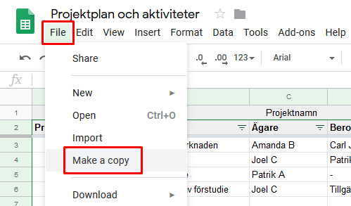 Så här kopierar du projektplaneringsmallen i Google Sheets.